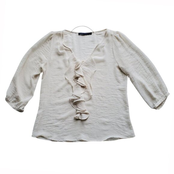 Zara Silk Organza Blouse Ruffle Front Sheer 3/4 Sleeve Cream Fairy Size L - Picture 6 of 16